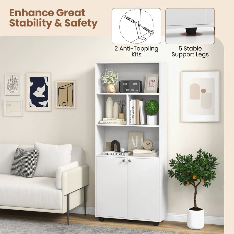 66 Inch Tall Double-Door Bookcase with Adjustable Shelf and Storage Cubes-White by DirectDeals