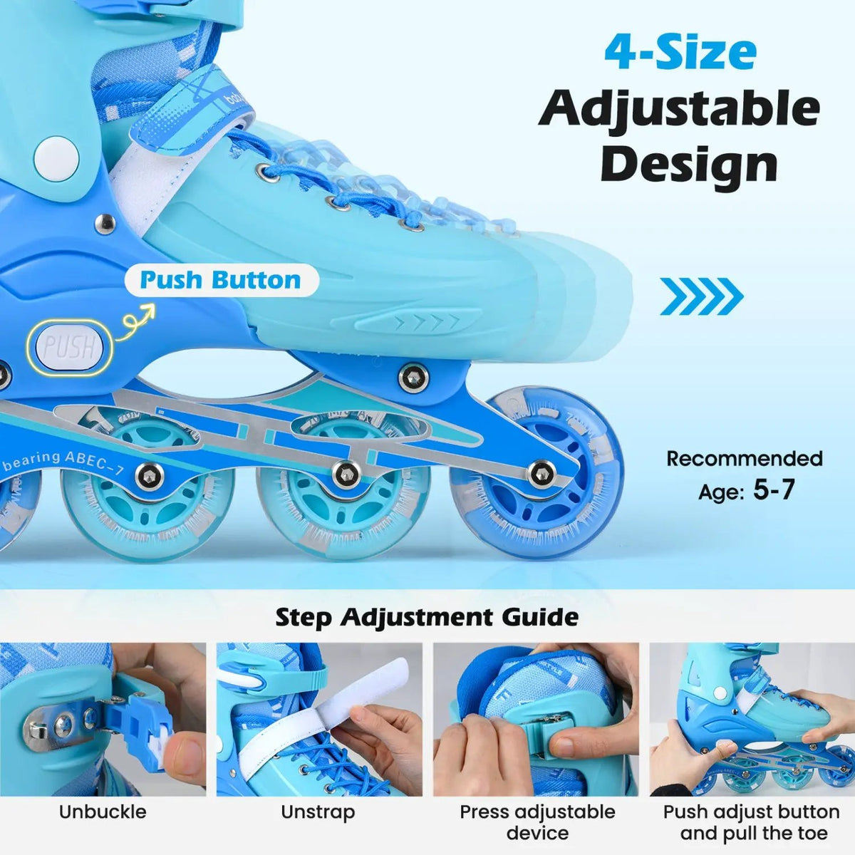 4-Size Adjustable Light-Up Inline Skates for Toddlers Ages 5-7, photo 22 of 32