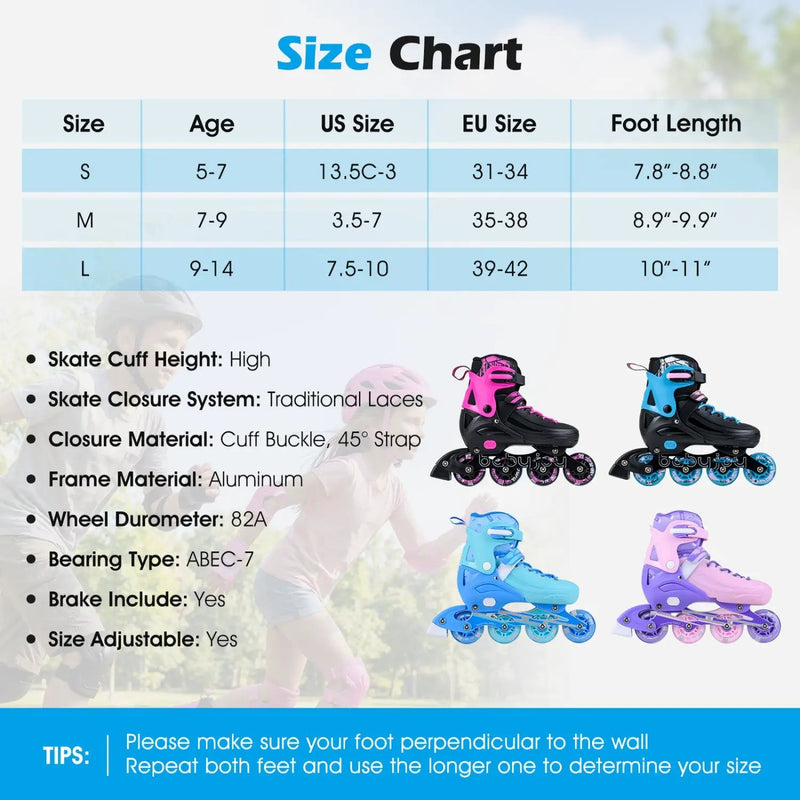 4-Size Adjustable Light-Up Kids Inline Skates for Kids Ages 7-9 by DirectDeals