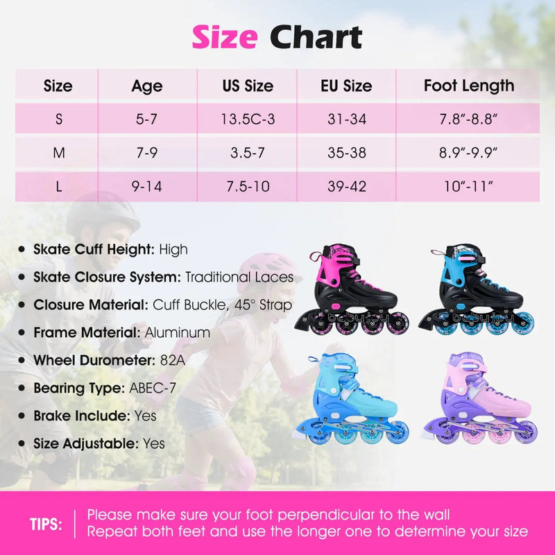 4-Size Adjustable Light-Up Kids Inline Skates for Kids Ages 7-9 by DirectDeals
