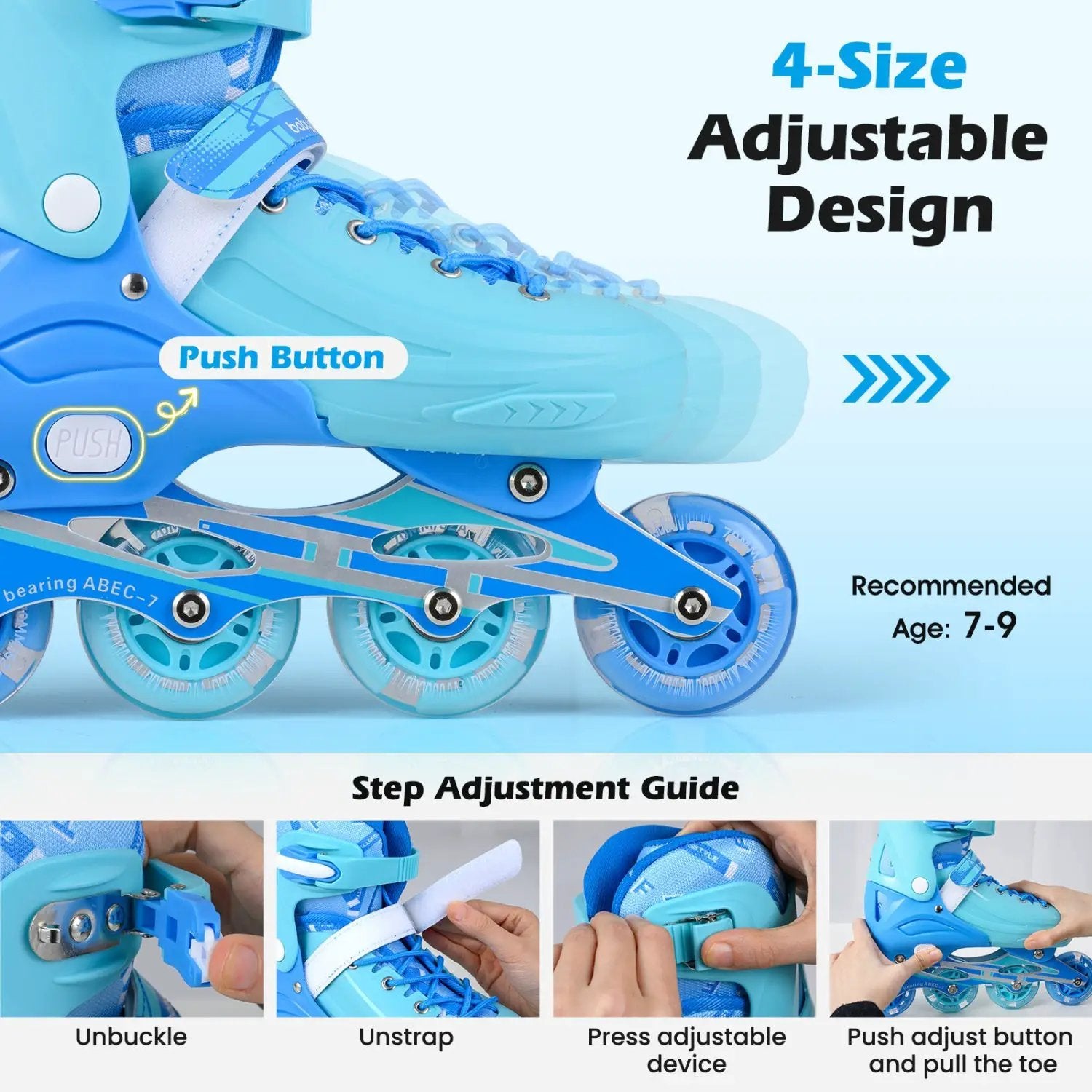 4-Size Adjustable Light-Up Kids Inline Skates for Kids Ages 7-9 by DirectDeals