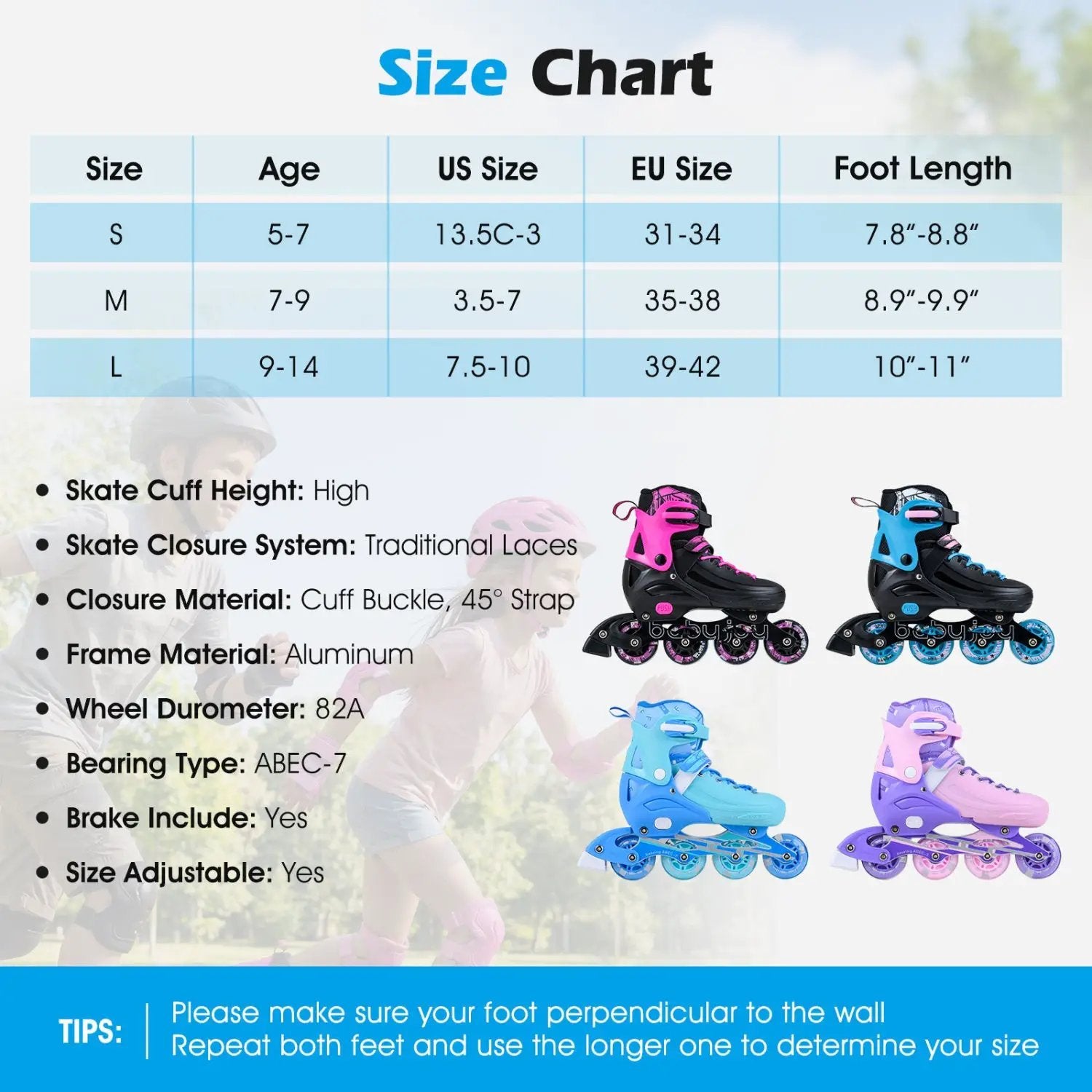 4-Size Adjustable Light-Up Kids Inline Skates for Kids Ages 7-9 by DirectDeals