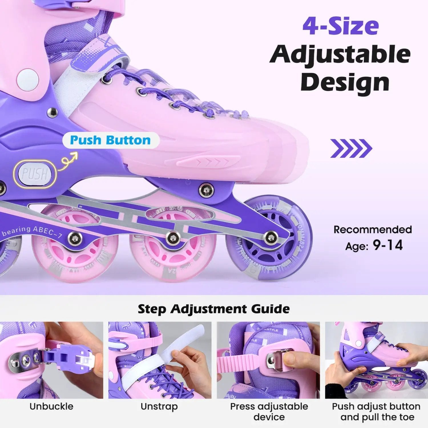 4-Size Adjustable Light-Up Kids Inline Skates for Kids Ages 9-14 by DirectDeals