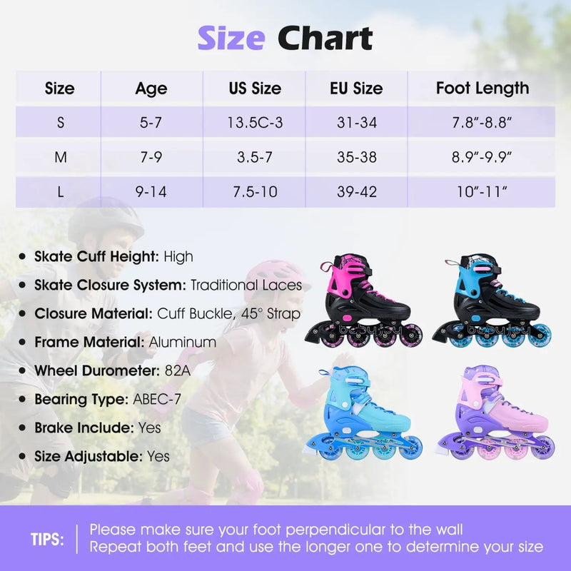 4-Size Adjustable Light-Up Kids Inline Skates for Kids Ages 9-14 by DirectDeals
