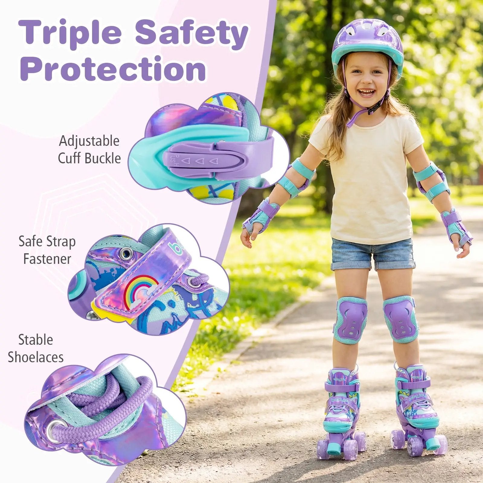 4 Sizes Adjustable Kids Roller Skates with Light-up Wheels and Safety Protection S Size-Purple by DirectDeals