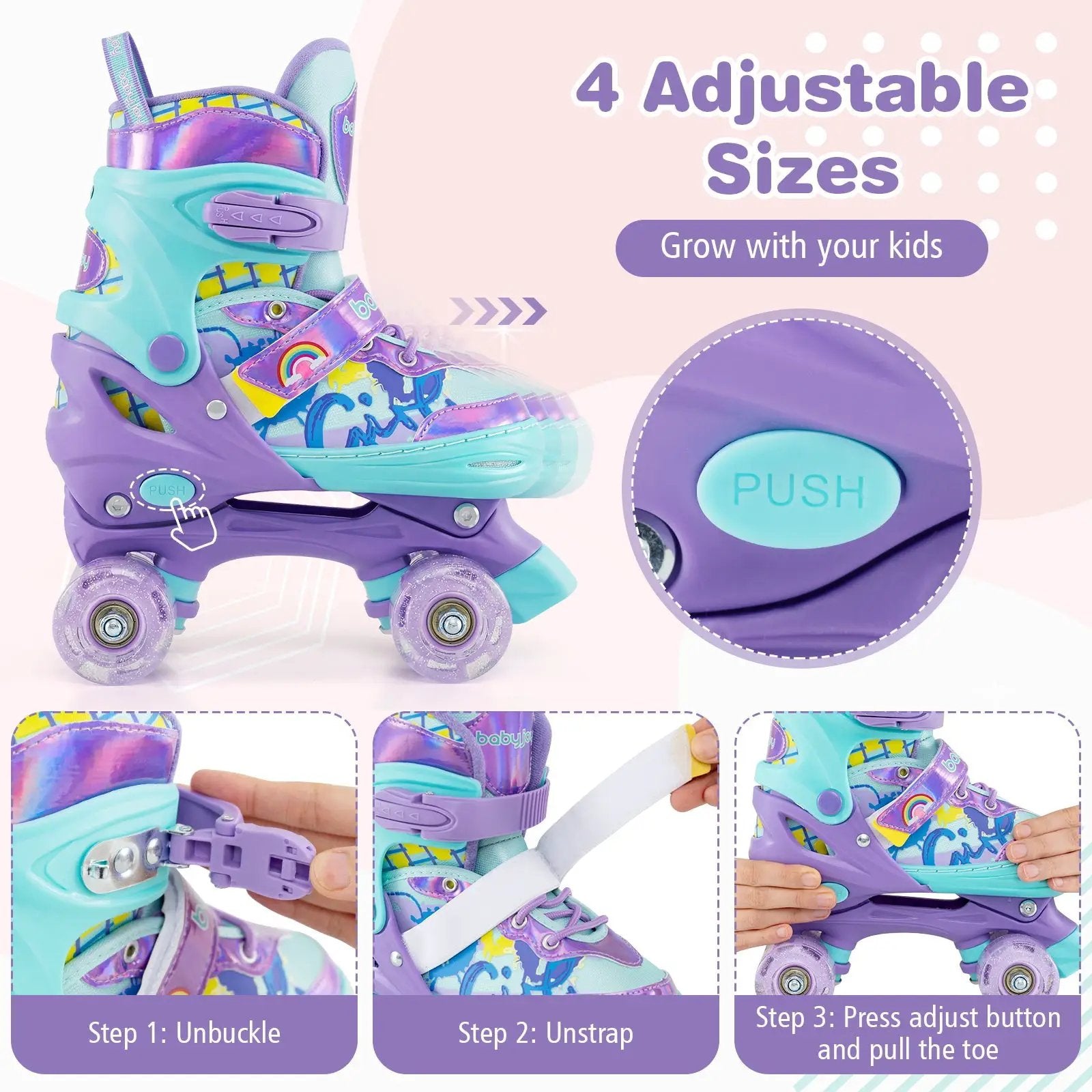 4 Sizes Adjustable Kids Roller Skates with Light-up Wheels and Safety Protection M Size-Purple by DirectDeals