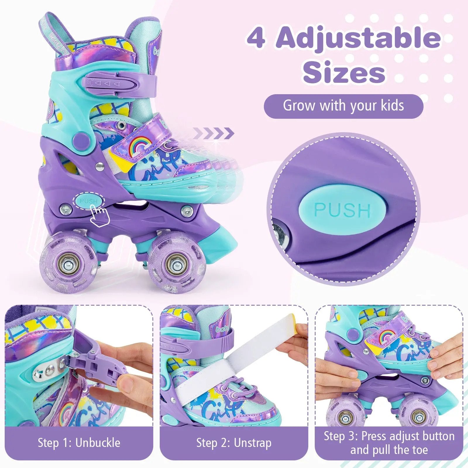 4 Sizes Adjustable Kids Roller Skates with Light-up Wheels and Safety Protection-Purple by DirectDeals