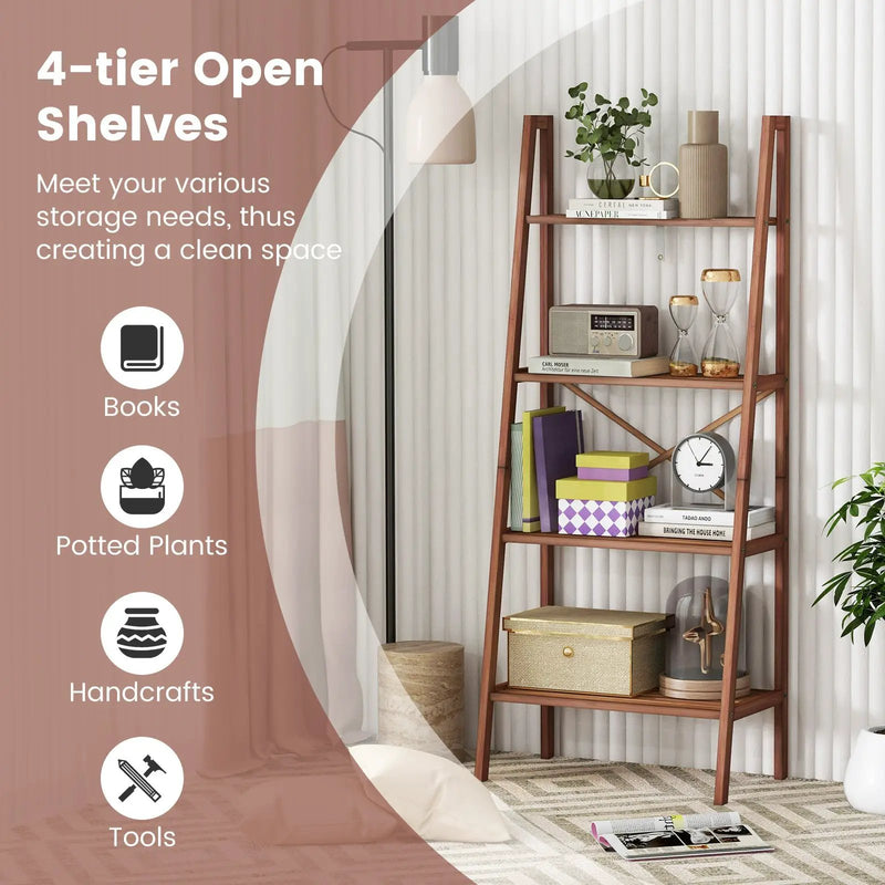 4-Tier Bamboo Ladder Bookshelf 58 Inch - Walnut by DirectDeals