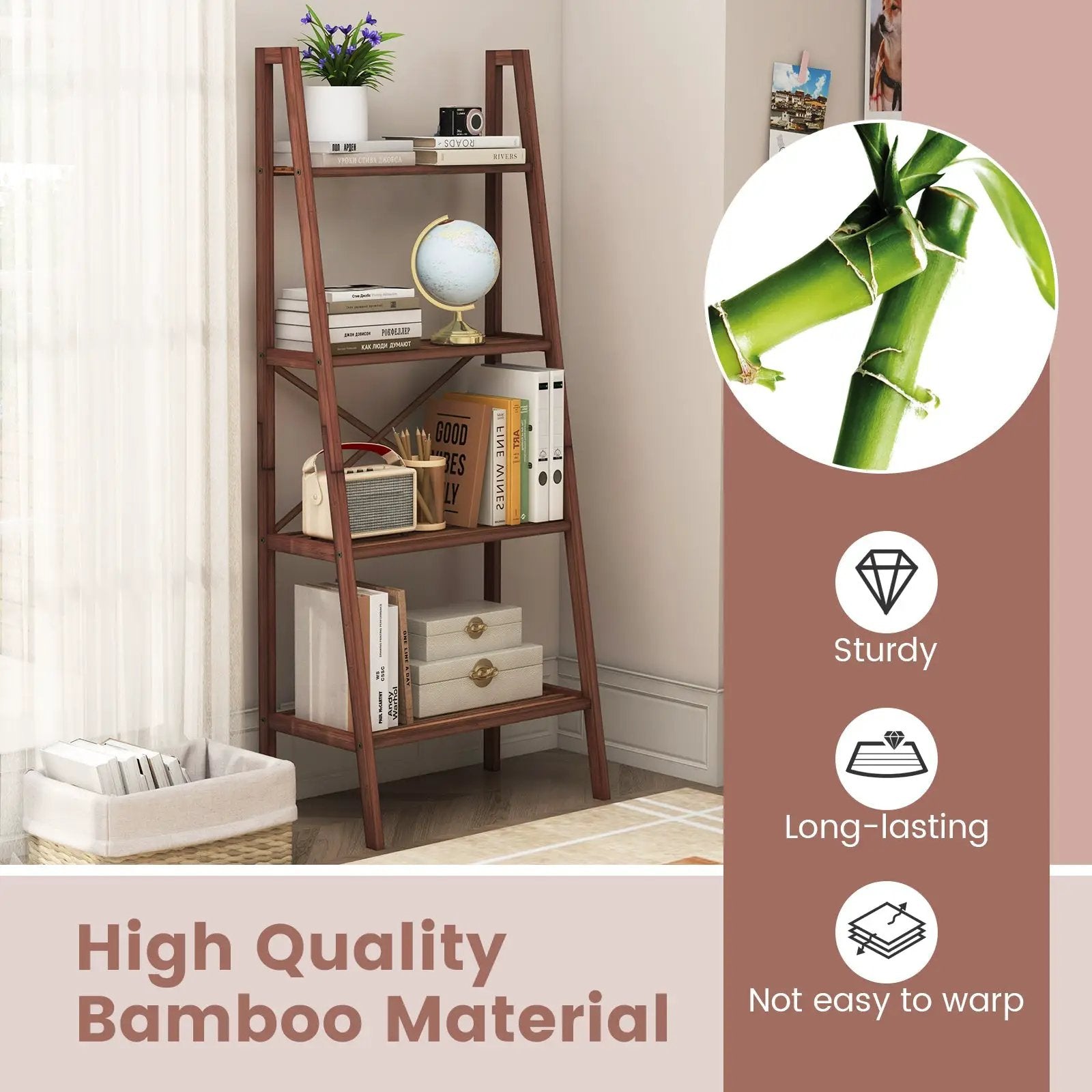 4-Tier Bamboo Ladder Bookshelf 58 Inch - Walnut by DirectDeals