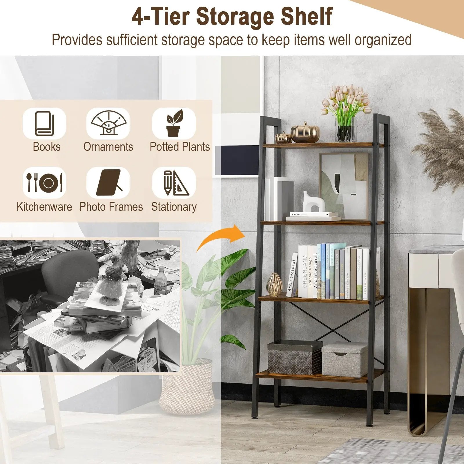 4-Tier Bookshelf with Metal Frame and Adjustable Foot Pads by DirectDeals