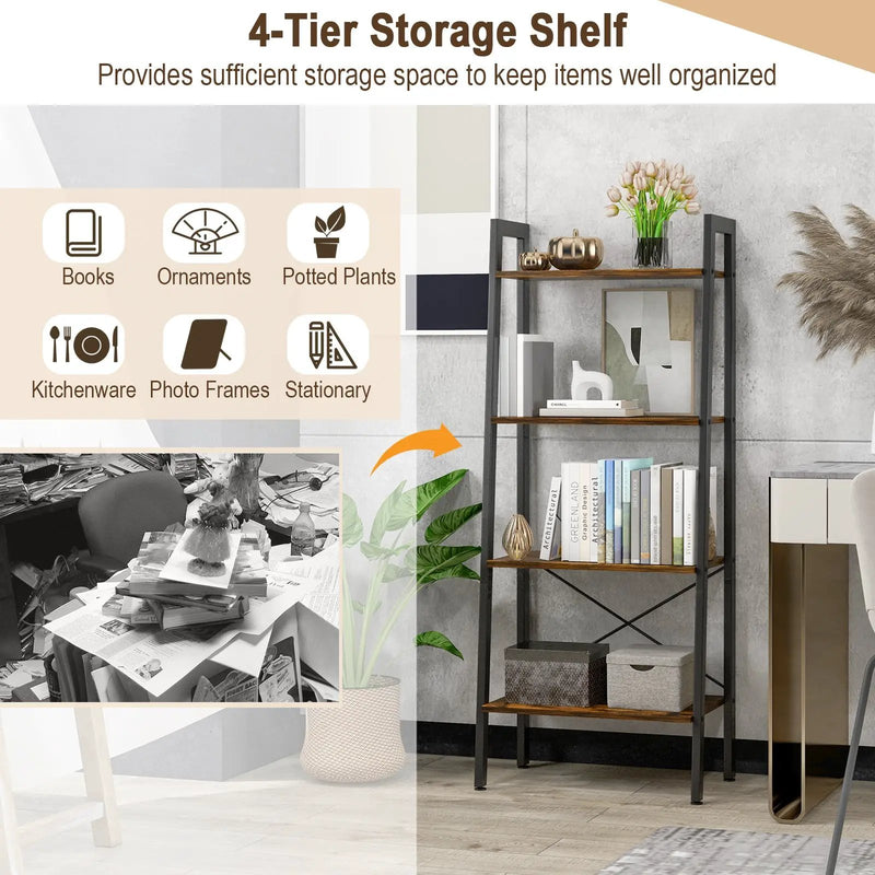 4-Tier Bookshelf with Metal Frame and Adjustable Foot Pads by DirectDeals