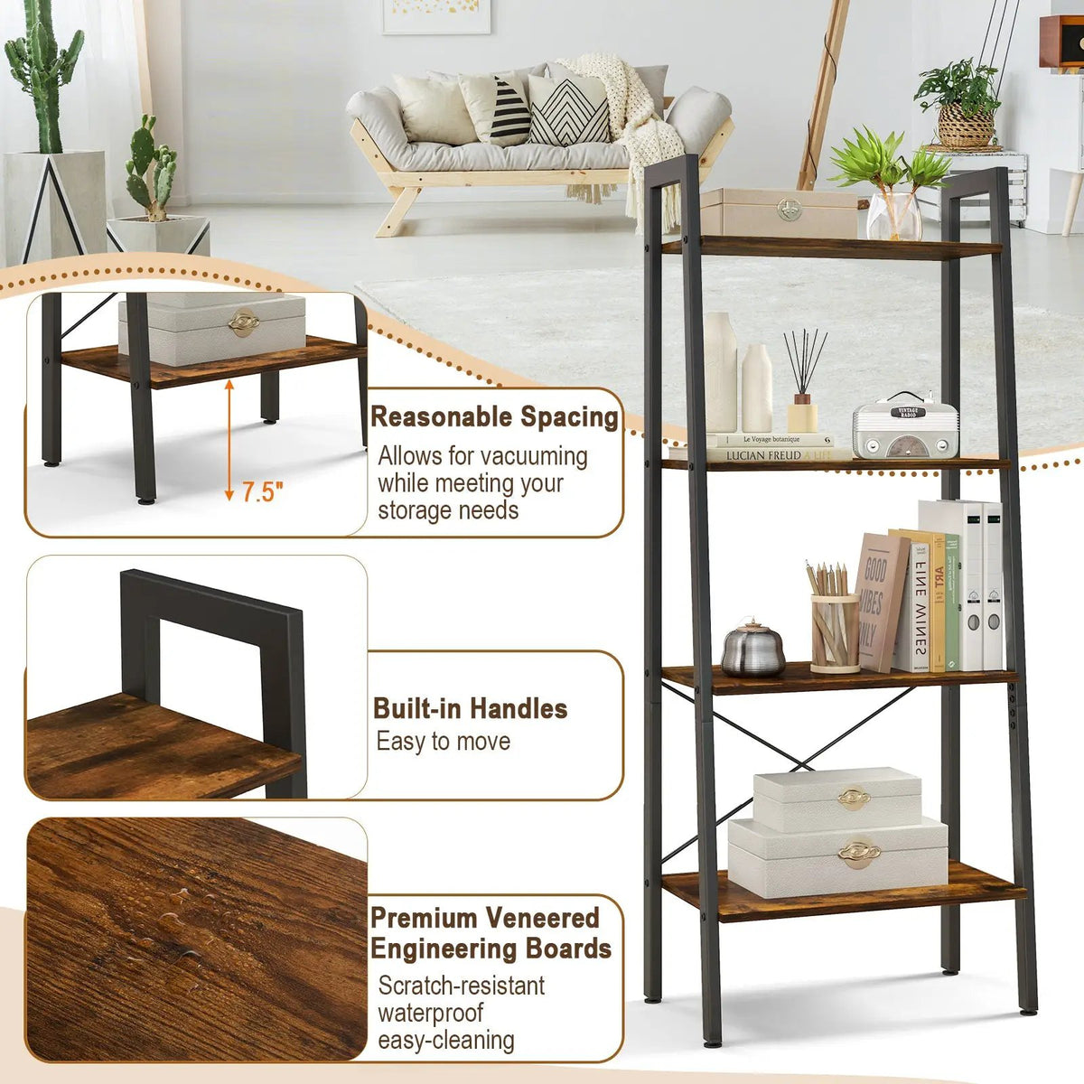 4-Tier Bookshelf with Metal Frame and Adjustable Foot Pads, photo 7 of 9
