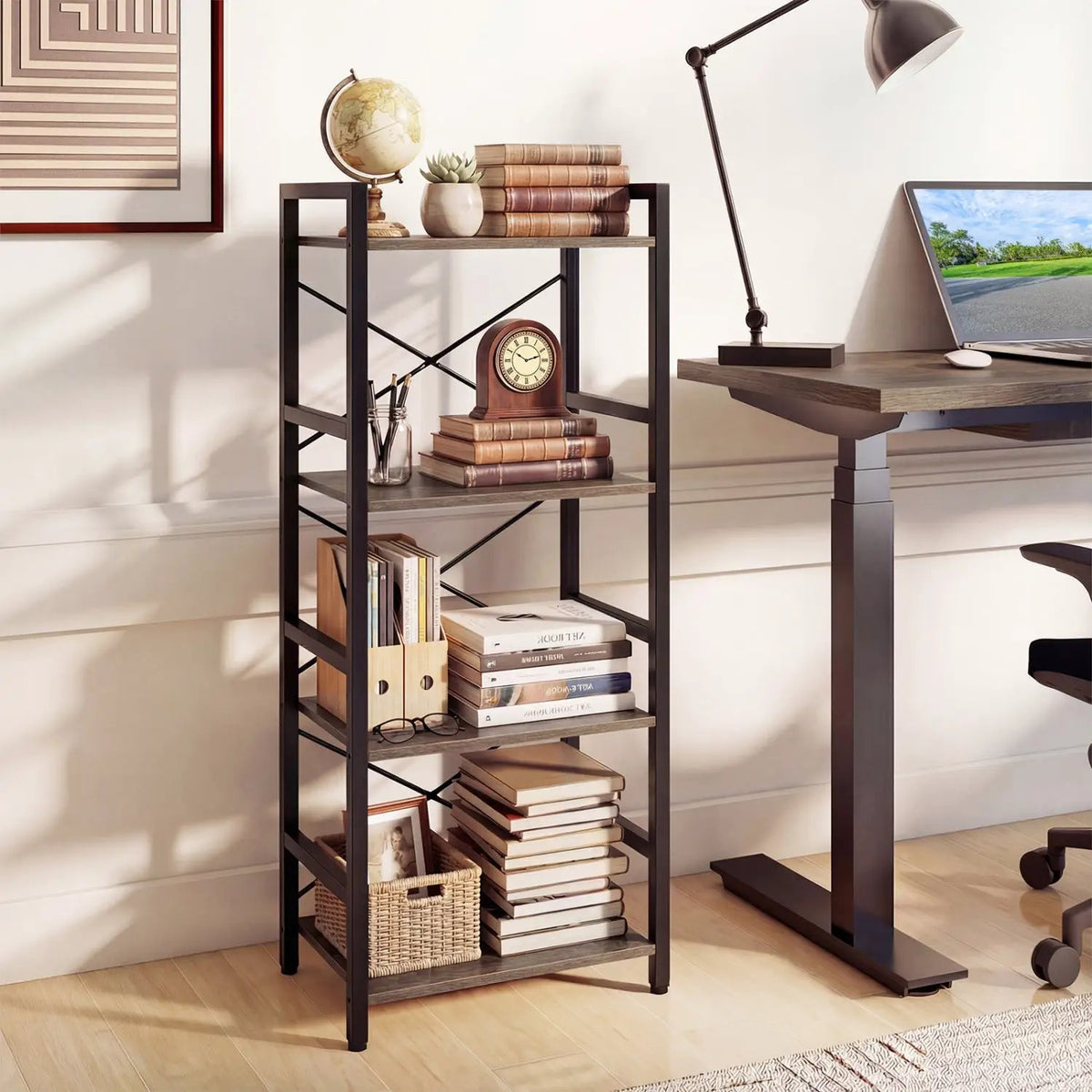 4-Tier Bookshelf Narrow Freestanding Display Shelf with Metal Frame, photo 3 of 16