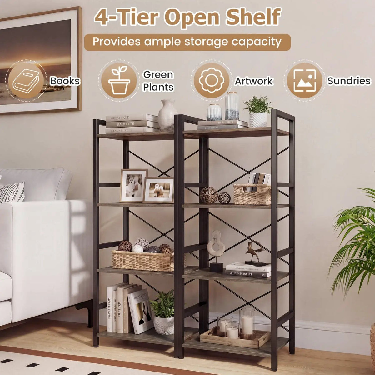 4-Tier Bookshelf Narrow Freestanding Display Shelf with Metal Frame, photo 5 of 16