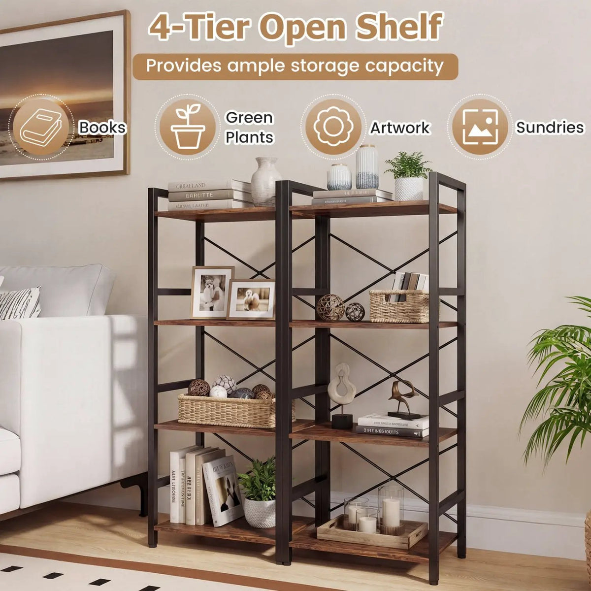4-Tier Bookshelf Narrow Freestanding Display Shelf with Metal Frame, photo 12 of 16