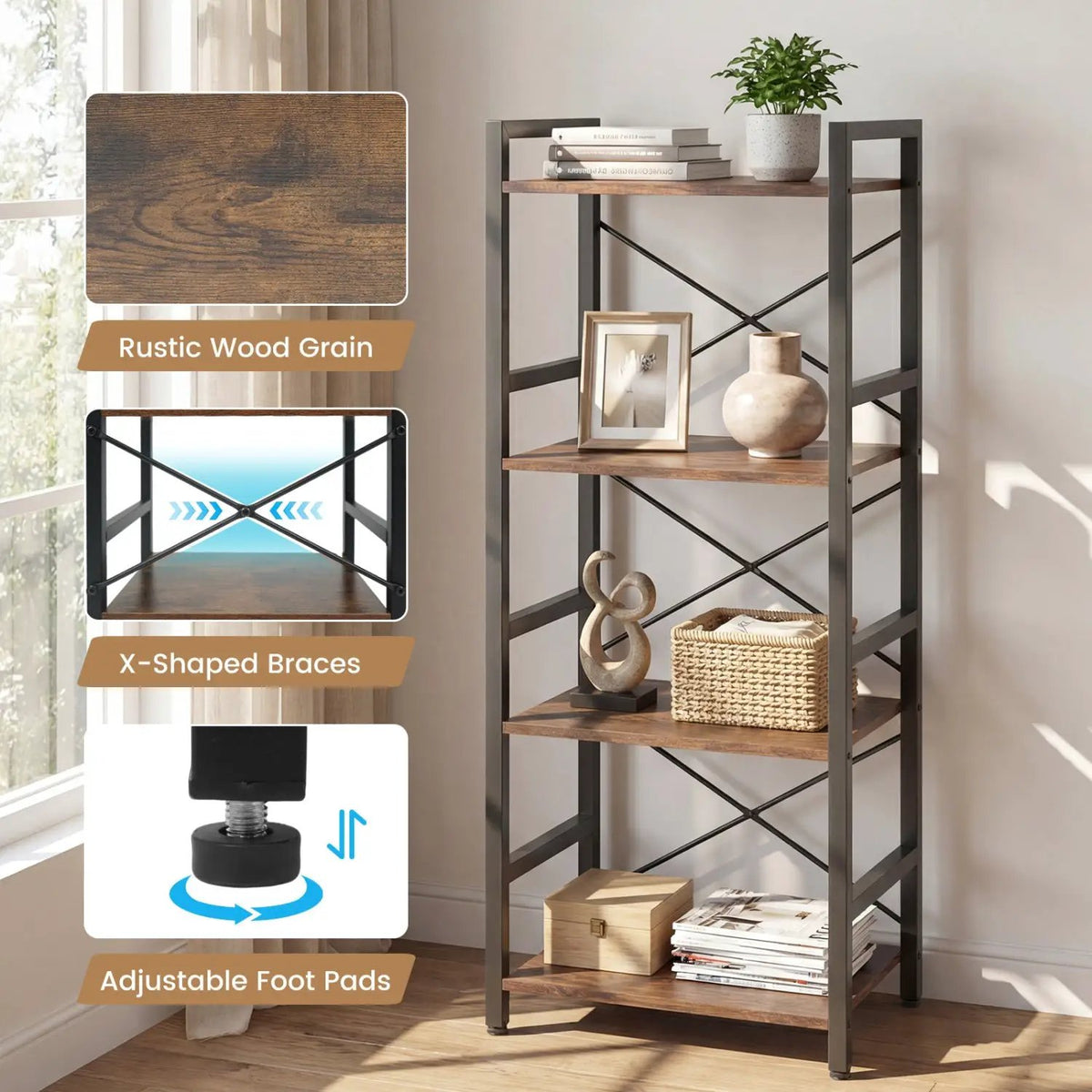 4-Tier Bookshelf Narrow Freestanding Display Shelf with Metal Frame, photo 14 of 16