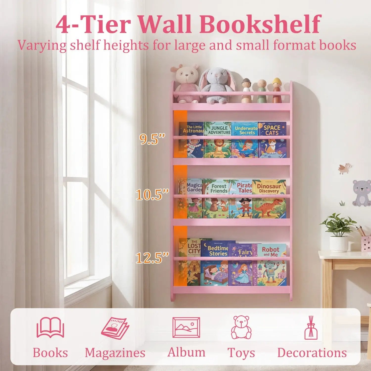4-Tier Wall Mounted Bookshelf with Safety Rails by DirectDeals