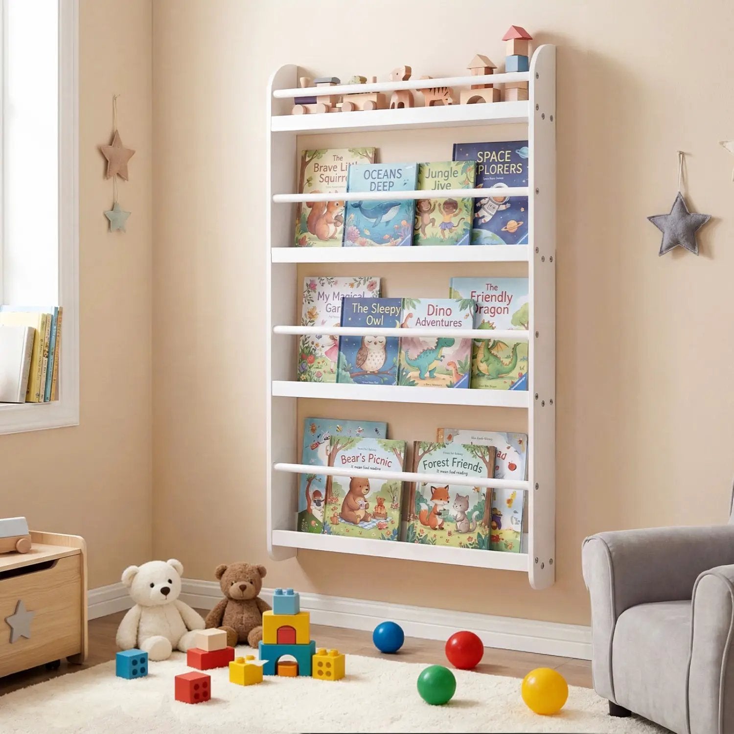 4-Tier Wall Mounted Bookshelf with Safety Rails by DirectDeals
