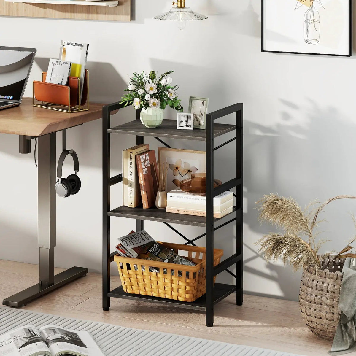 4-Tier Bookshelf with Metal Frame and Wooden Storage Racks for Study, photo 3 of 15