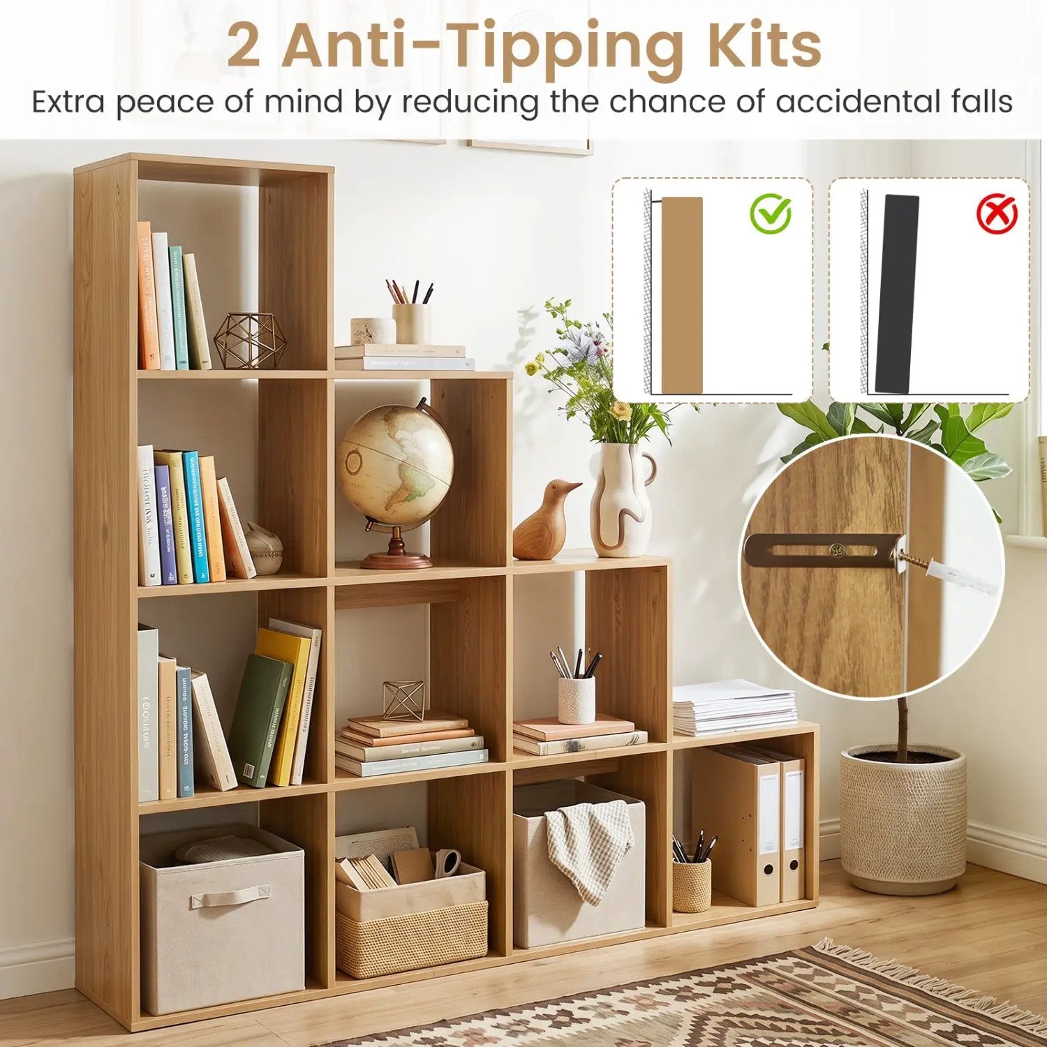4-Tier Bookshelf with 10 Cube Storage and Anti-Tip Kit by DirectDeals