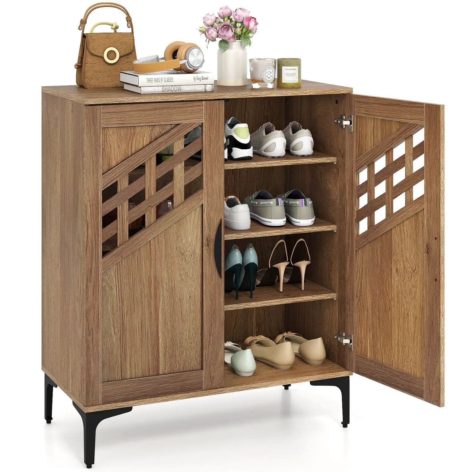 4 Tier Farmhouse Shoe Storage Cabinet with Removable Shelves and Metal Legs by DirectDeals