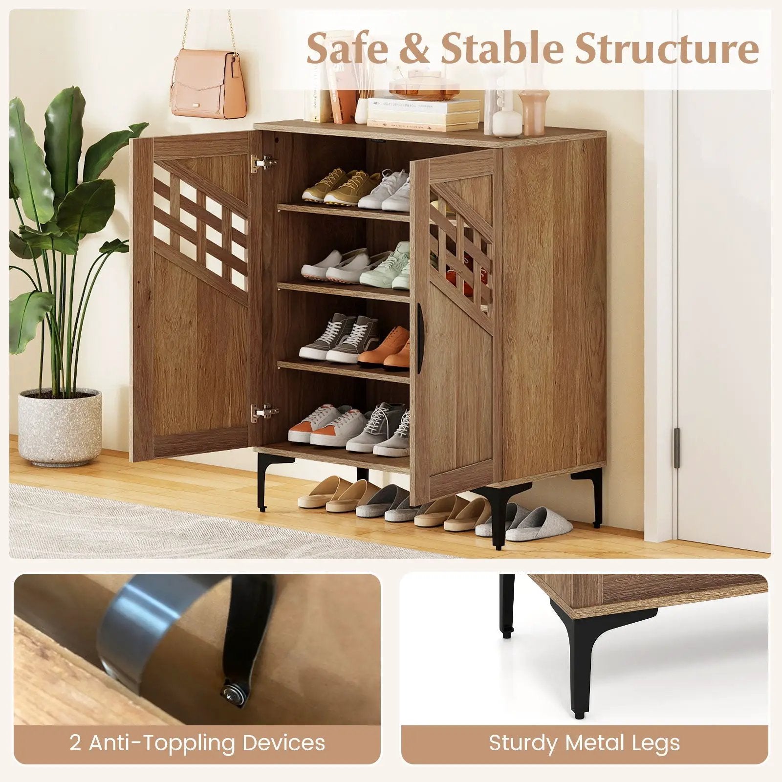 4 Tier Farmhouse Shoe Storage Cabinet with Removable Shelves and Metal Legs by DirectDeals