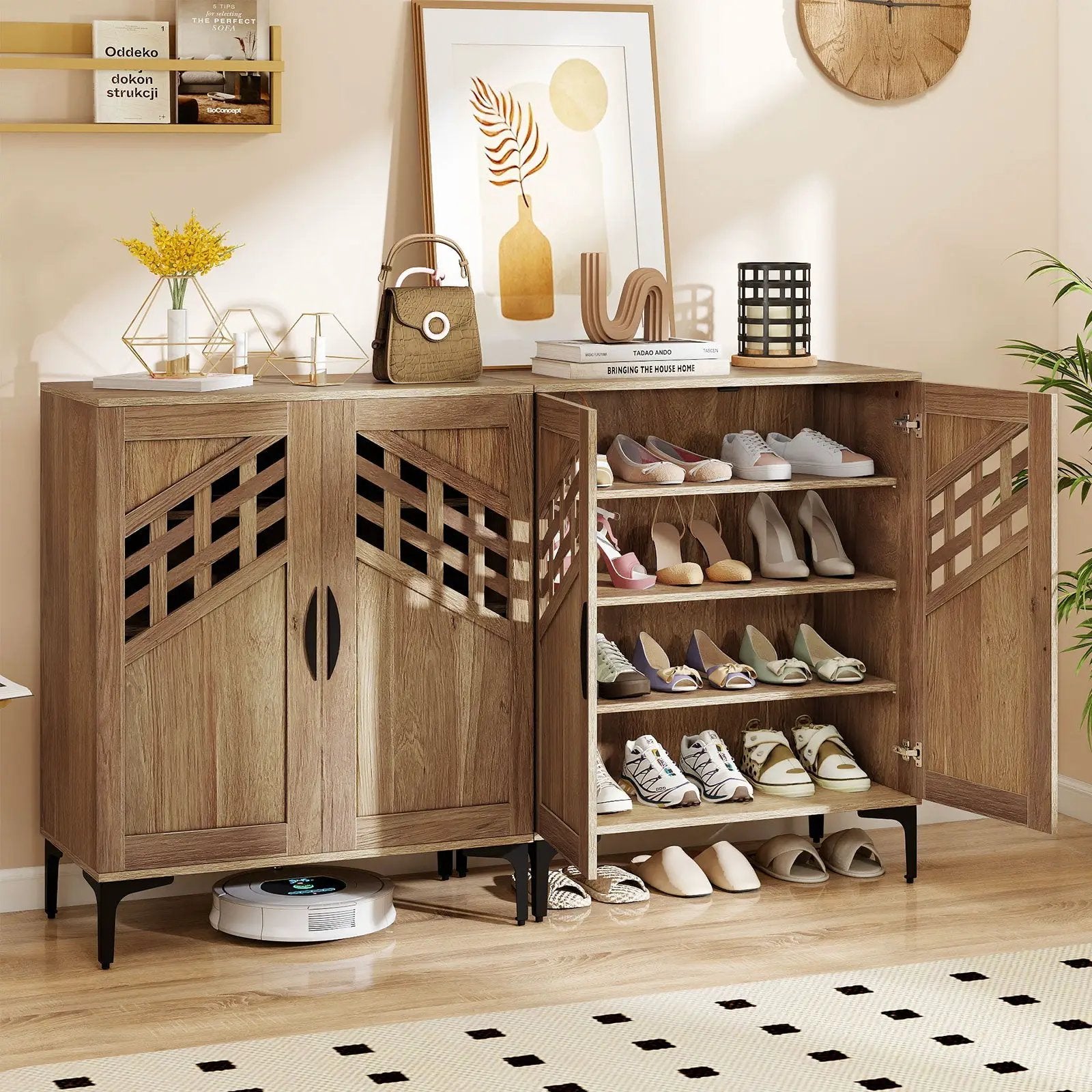 4 Tier Farmhouse Shoe Storage Cabinet with Removable Shelves and Metal Legs by DirectDeals