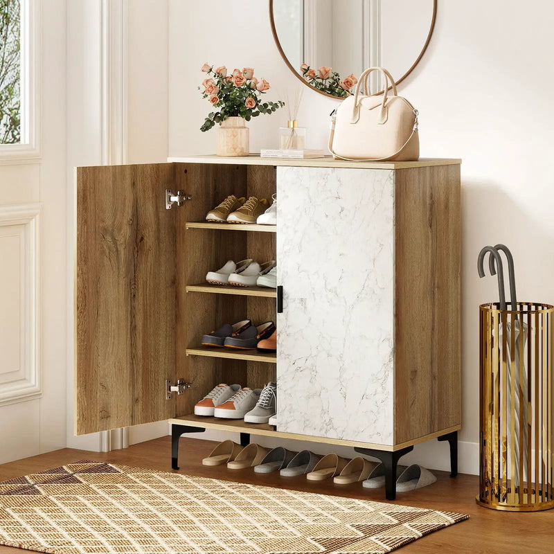 4 Tier Farmhouse Shoe Storage Cabinet with Removable Shelves and Metal Legs by DirectDeals