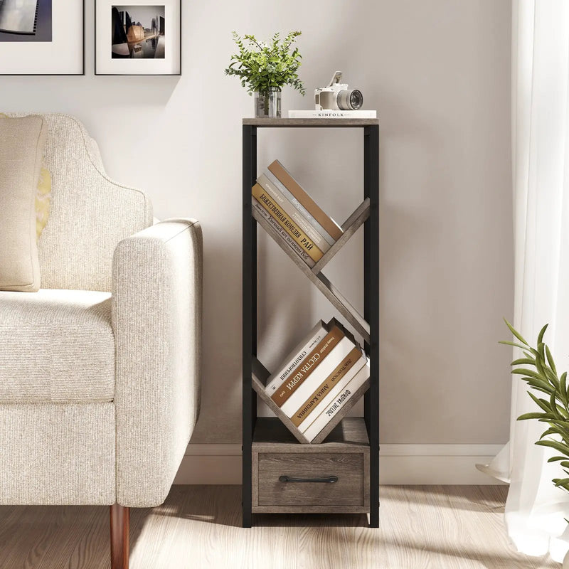 4 Tier Floor Tree Bookshelf with Drawer and Metal Frame-Gray by DirectDeals