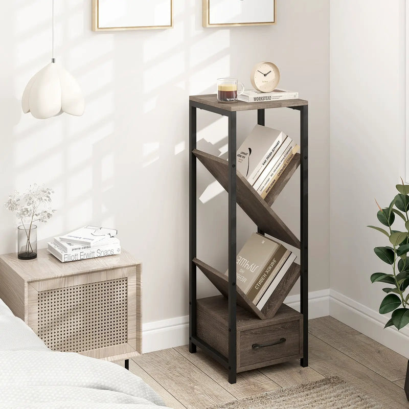 4 Tier Floor Tree Bookshelf with Drawer and Metal Frame-Gray by DirectDeals