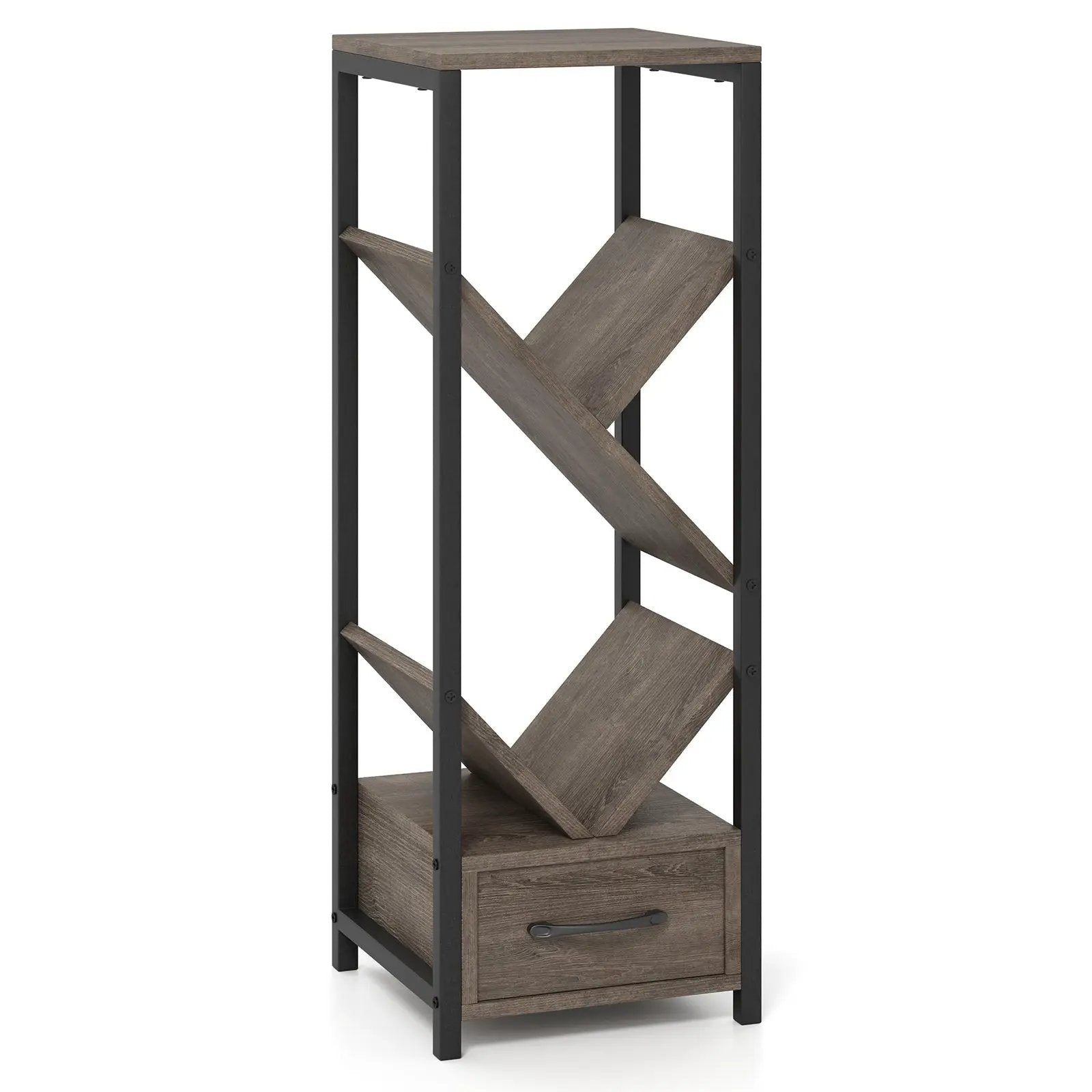 4 Tier Floor Tree Bookshelf with Drawer and Metal Frame-Gray by DirectDeals