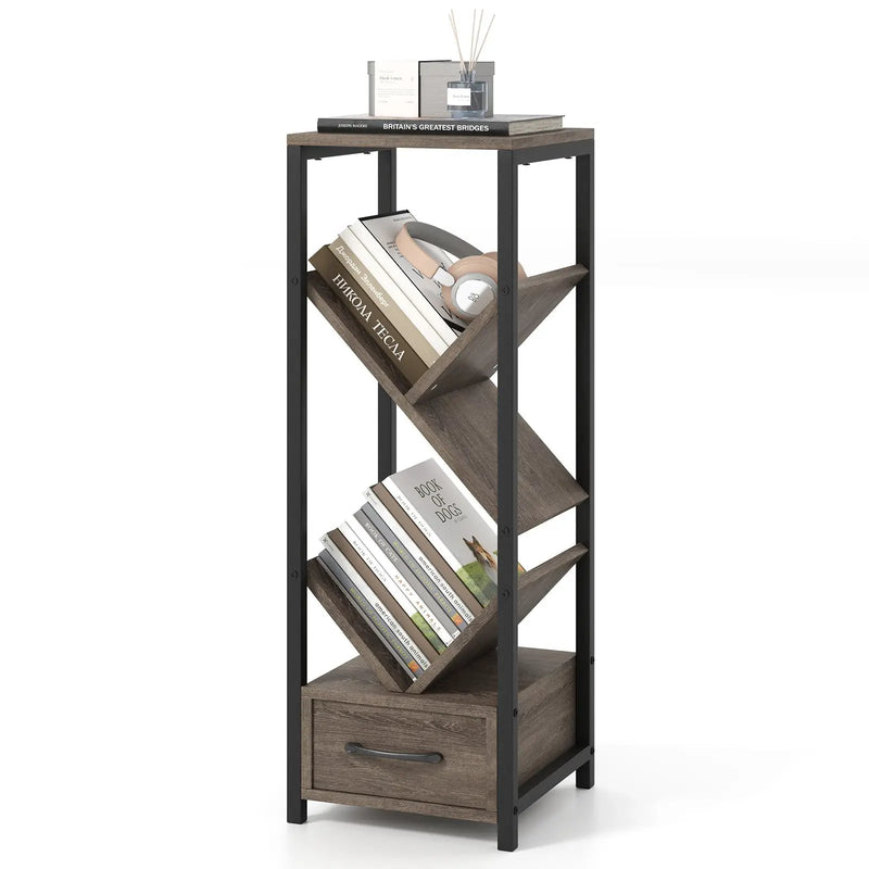 4 Tier Floor Tree Bookshelf with Drawer and Metal Frame-Gray by DirectDeals