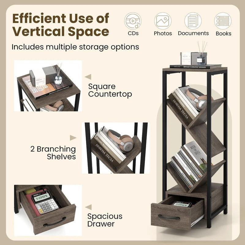 4 Tier Floor Tree Bookshelf with Drawer and Metal Frame-Gray by DirectDeals
