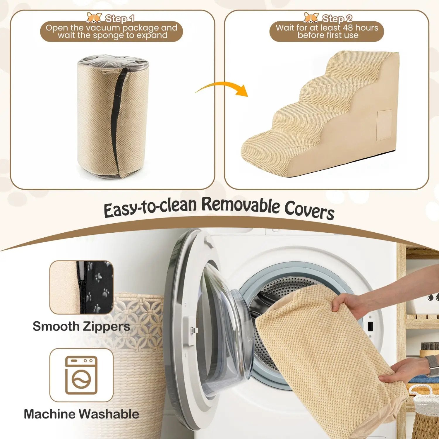 4-Tier Foam Dog Steps with Non-Slip Surface & Washable Cover by DirectDeals
