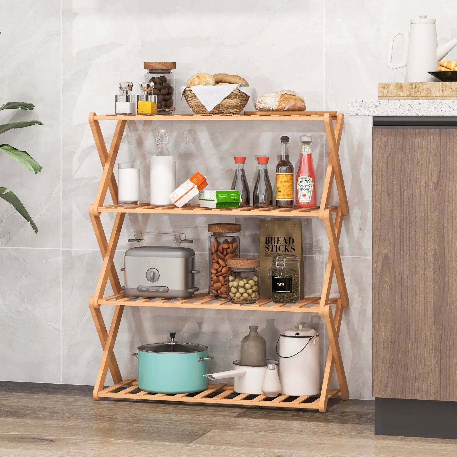 4-Tier Foldable Bamboo Shoe Rack with Slatted Shelves-Natural by DirectDeals