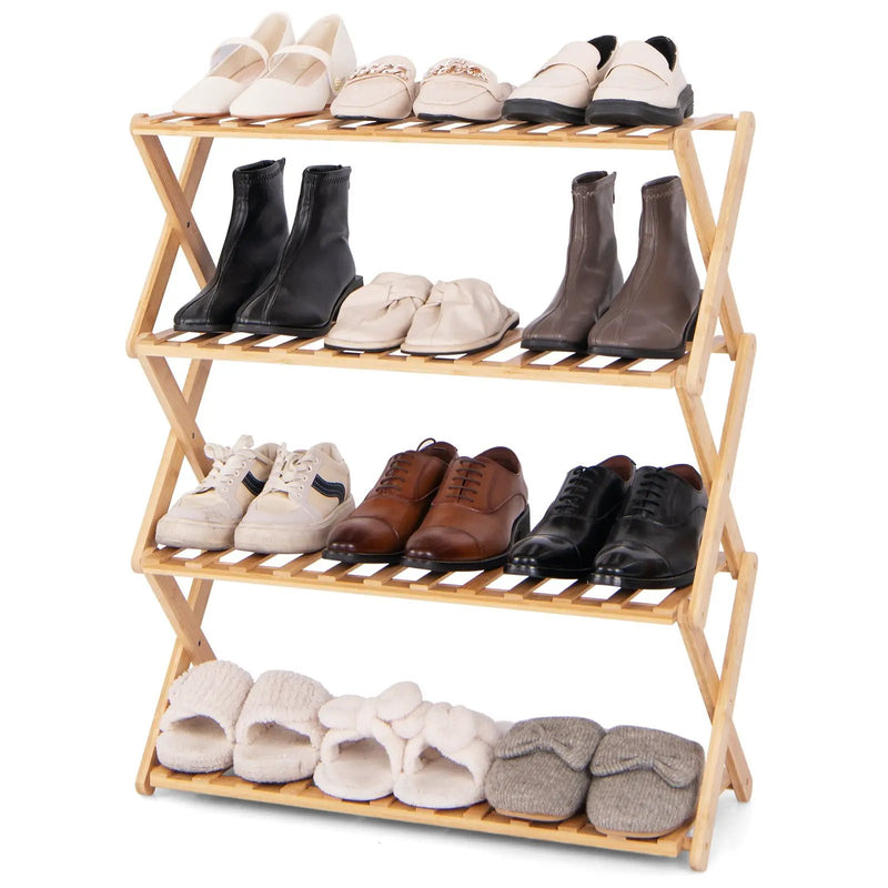4-Tier Foldable Bamboo Shoe Rack with Slatted Shelves-Natural by DirectDeals