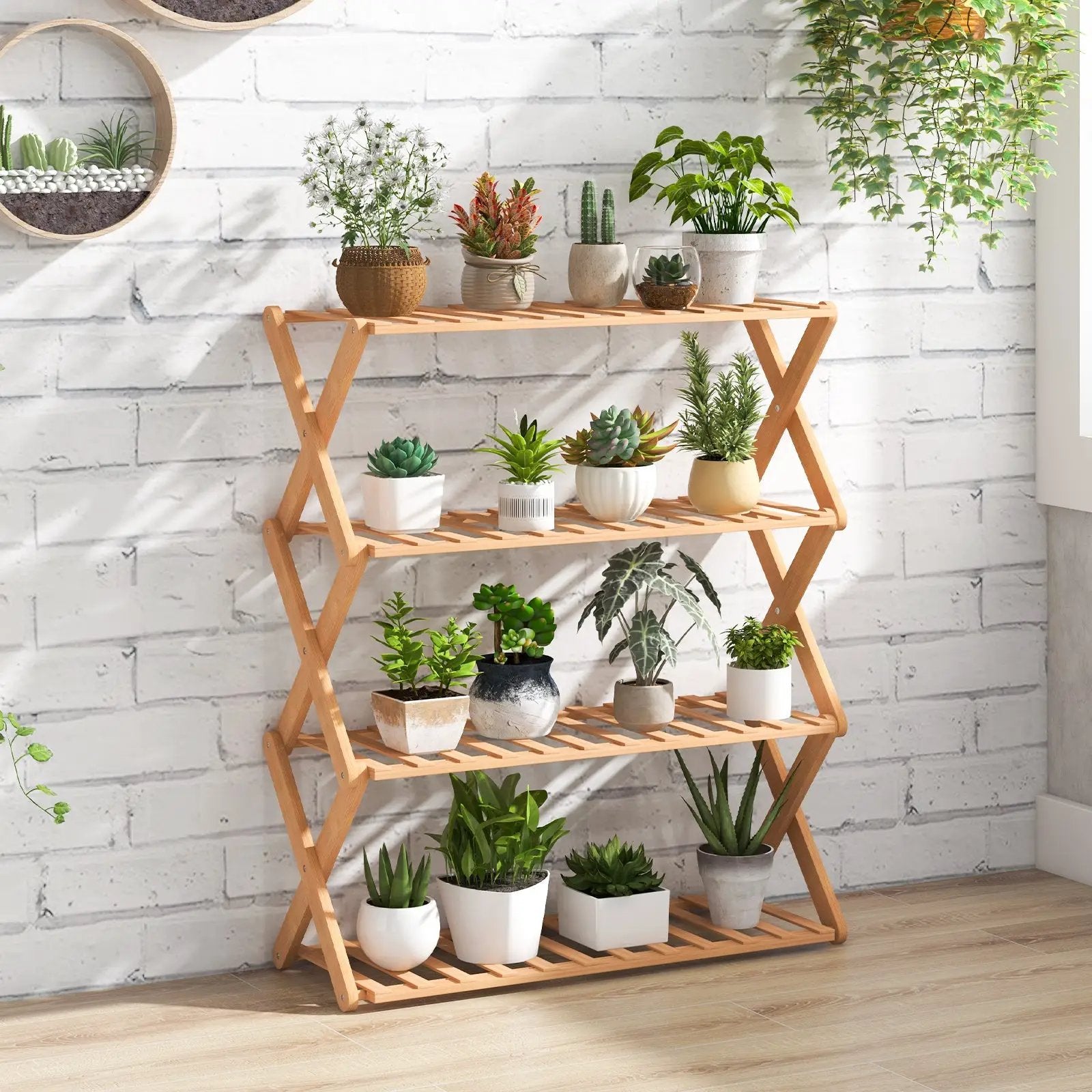 4-Tier Foldable Bamboo Shoe Rack with Slatted Shelves-Natural by DirectDeals