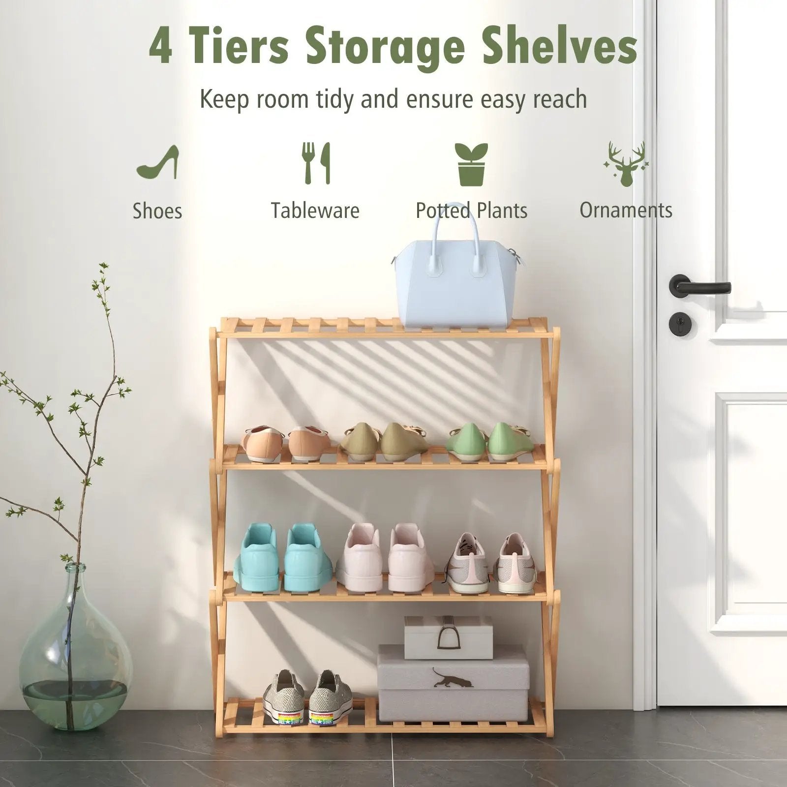 4-Tier Foldable Bamboo Shoe Rack with Slatted Shelves-Natural by DirectDeals