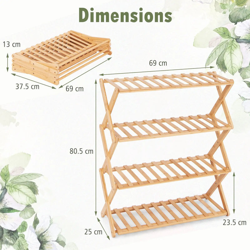 4-Tier Foldable Bamboo Shoe Rack with Slatted Shelves-Natural by DirectDeals