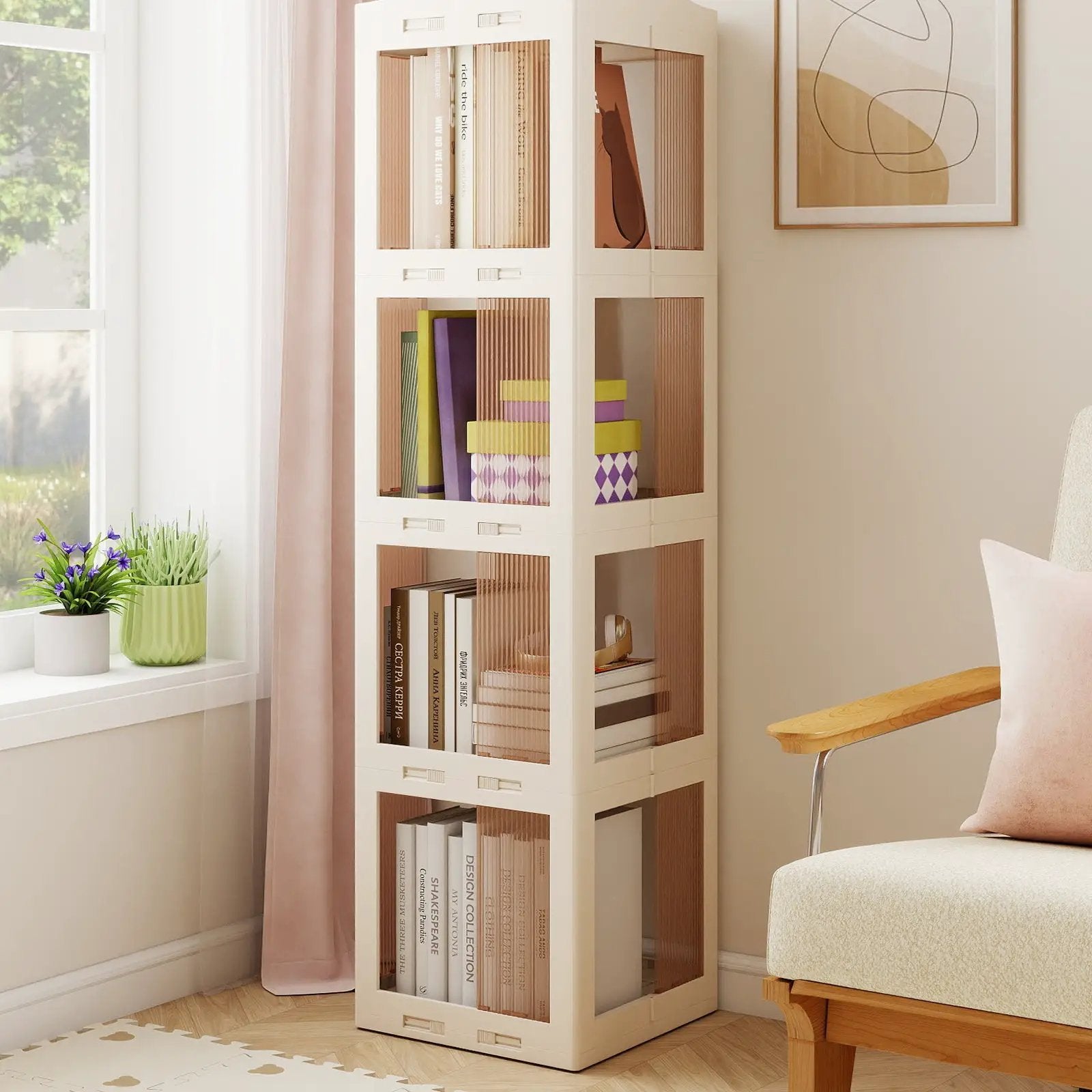 4-Tier Foldable Rotating Bookshelf with Swivel Base and Translucent Panels-White by DirectDeals
