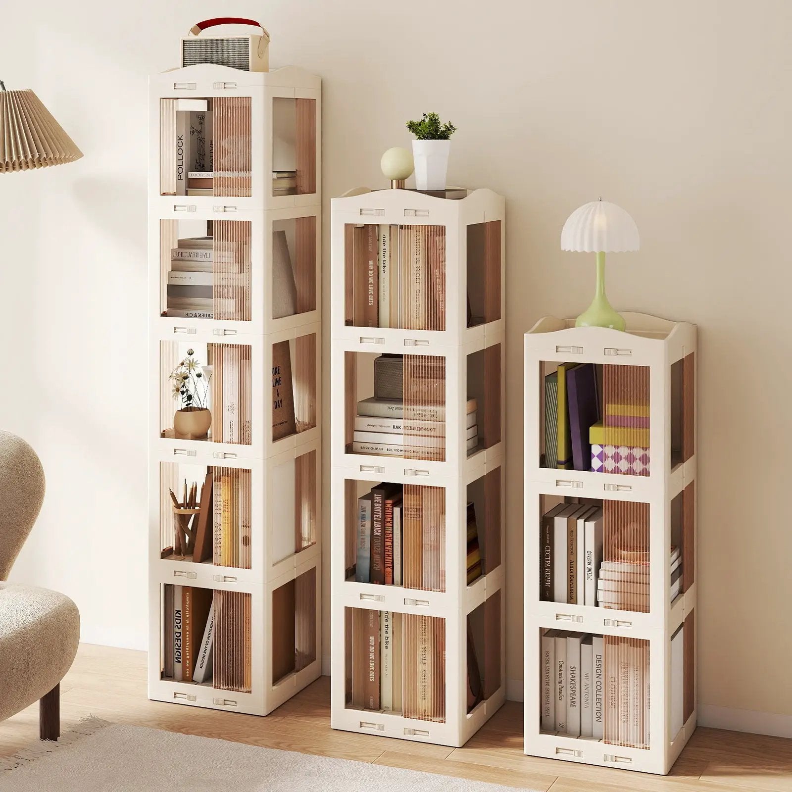 4-Tier Foldable Rotating Bookshelf with Swivel Base and Translucent Panels-White by DirectDeals