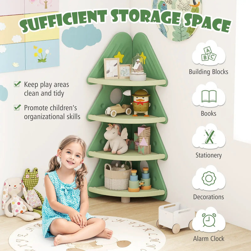 4-Tier Kids Corner Bookshelf Baby Display Shelf for Kids Room-Green by DirectDeals