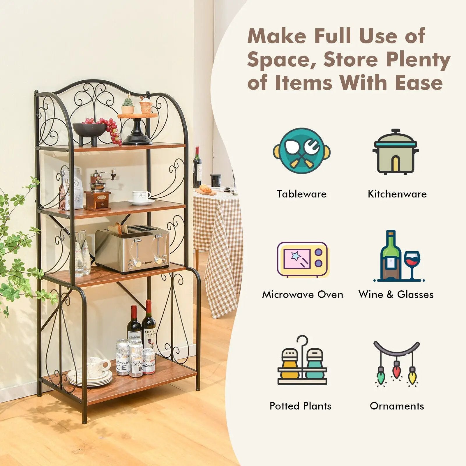 4-Tier Industrial Kitchen Baker's Rack with Open Shelves and X-Bar by DirectDeals