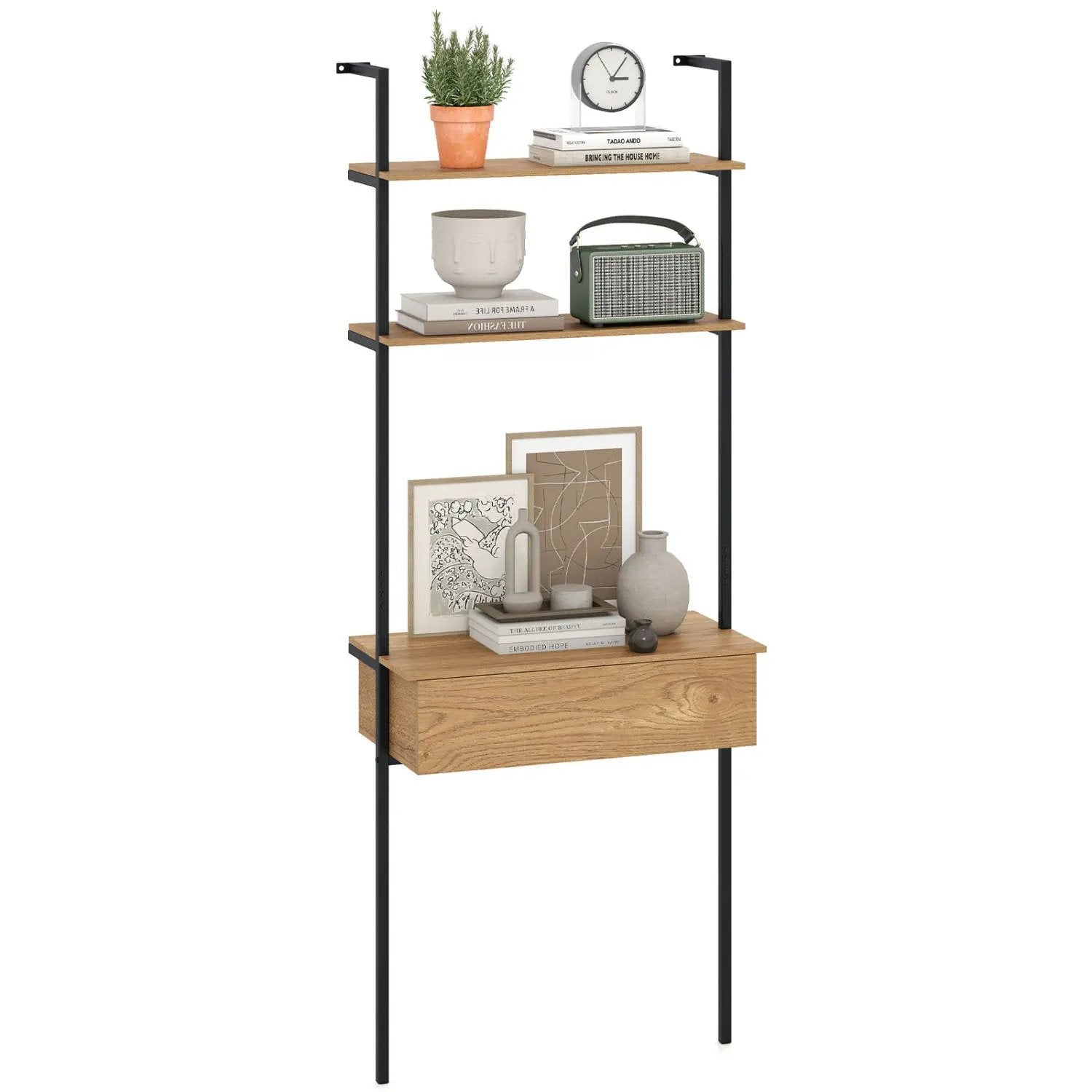 4-Tier Ladder Bookshelf with Drawer and Metal Frame by DirectDeals