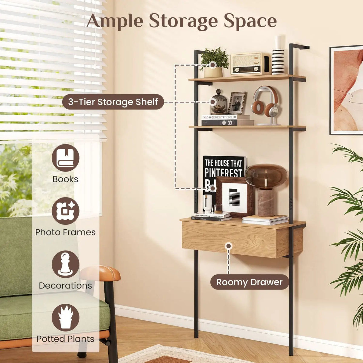4-Tier Ladder Bookshelf with Drawer and Metal Frame, photo 14 of 16