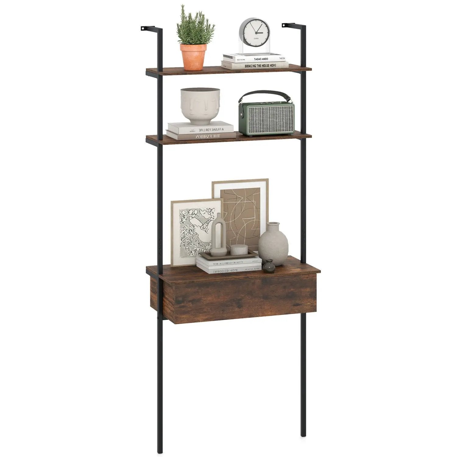 4-Tier Ladder Bookshelf with Drawer and Metal Frame by DirectDeals