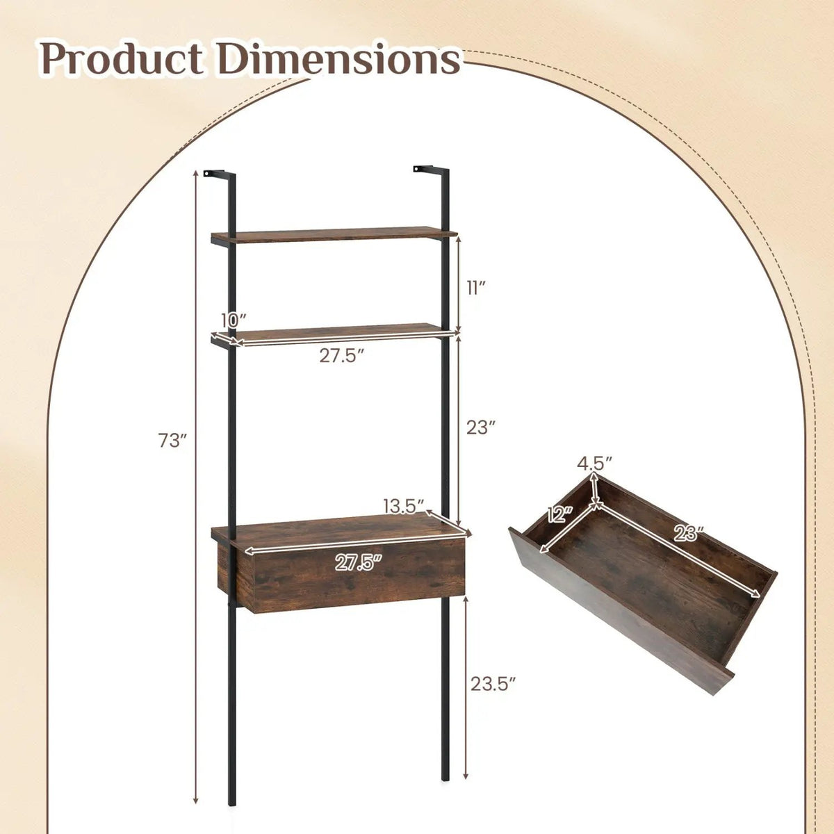 4-Tier Ladder Bookshelf with Drawer and Metal Frame, photo 5 of 16
