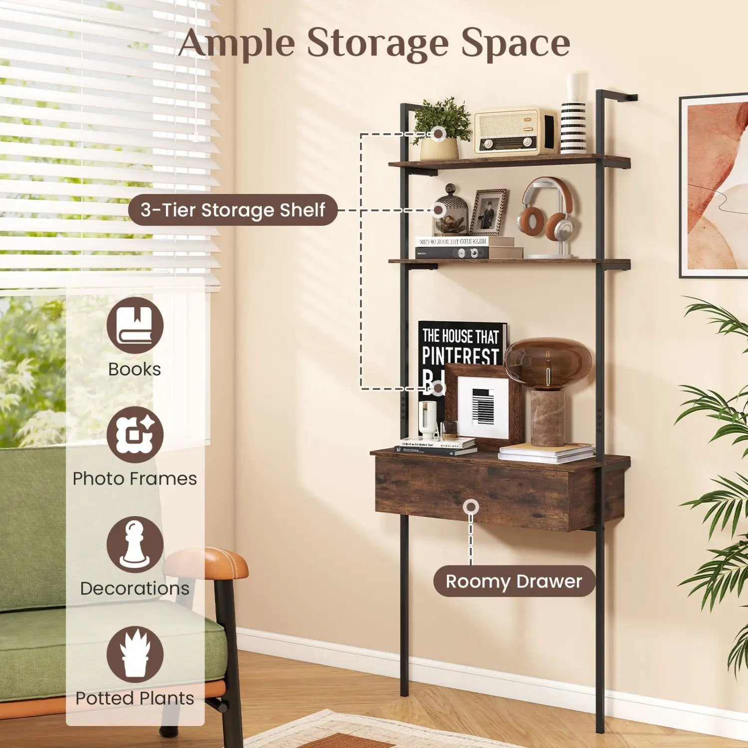 4-Tier Ladder Bookshelf with Drawer and Metal Frame by DirectDeals