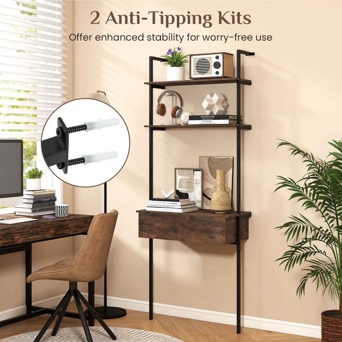 4-Tier Ladder Bookshelf with Drawer and Metal Frame, photo 7 of 16