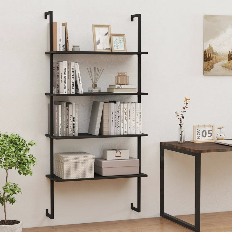 4-Tier Ladder Shelf Open Wall Mounted Bookcase with Wooden Boards and Metal Frame-Black by DirectDeals